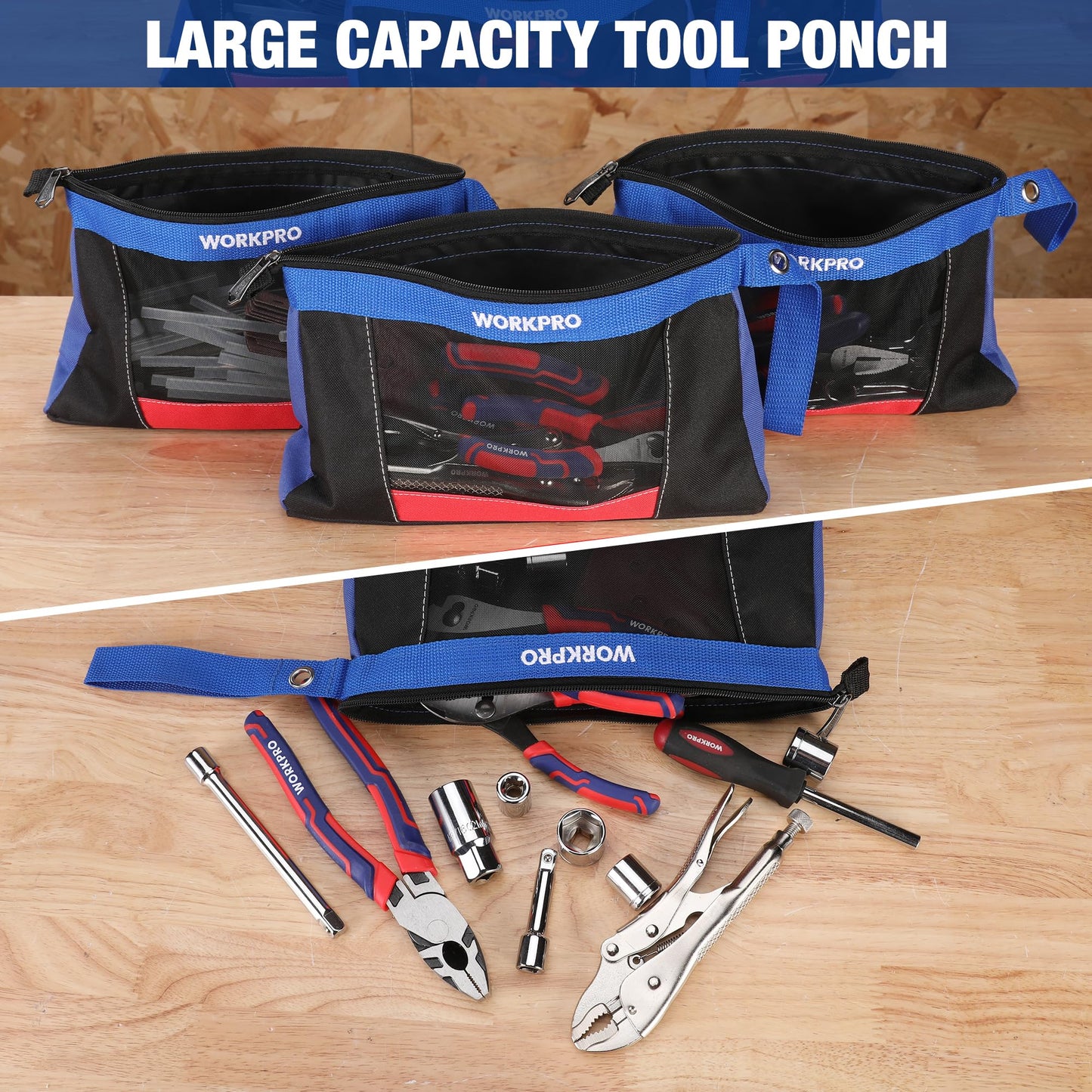 WORKPRO 12" Tool Pouches with Zipper, Heavy-Duty Small Tool Bag, Utility small tool pouch for Tool Organizers and Storage, Mini Tool Bag, 3 Pack