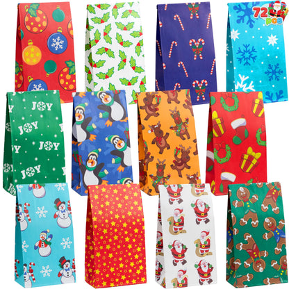 Joiedomi 72 PCS of Christmas Goody Kraft Bags, 12 Assorted Xmas Designs Small Holiday Goodie Gift Bags for Classrooms Party Favors, Christmas Craft Party Treat (9.75" x 3" x 5")