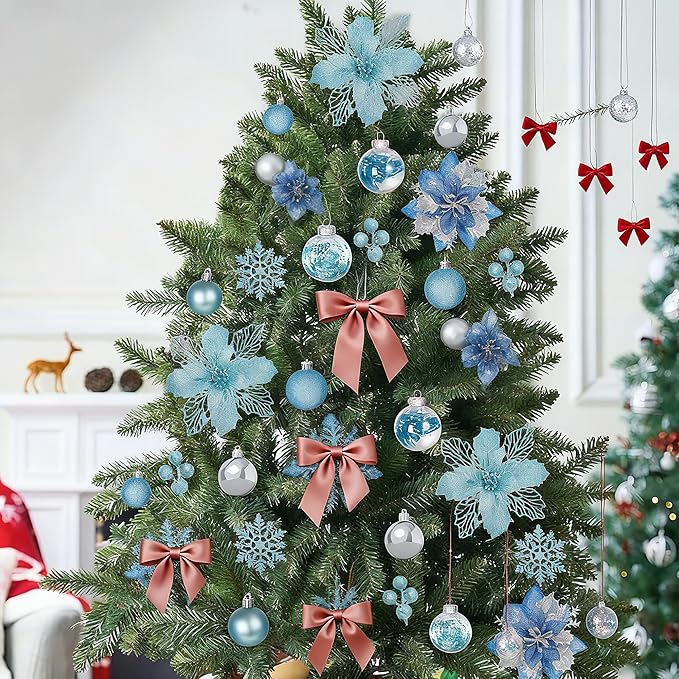 76Pcs Christmas Tree Decorations Set, Blue Assorted Ornaments with Large Shatterproof Plastic Balls, Star Tree Topper, Glitter Berries Stems, Ribbon for Indoor Garland Home Holiday Wedding Decor