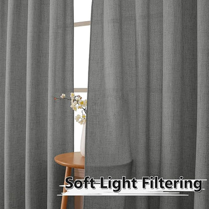 Tollpiz Linen Curtains Living Room Rod Pocket Semi Sheer Curtain Burlap Light Filtering Thick Linen Drapes for Bedroom, 38 x 63 inches Long, Dark Grey, Set of 2 Panels