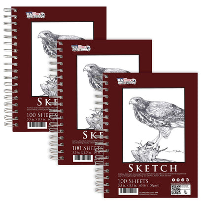 U.S. Art Supply 5.5"x8.5" Sketch Book Pad, 3 Pack (100 Sheets Each), 60lb (100gsm) Spiral Bound - Sketching, Drawing Pad, Acid-Free Paper - Sketch Pads for Adults, Students: Colored Pencils, Charcoal