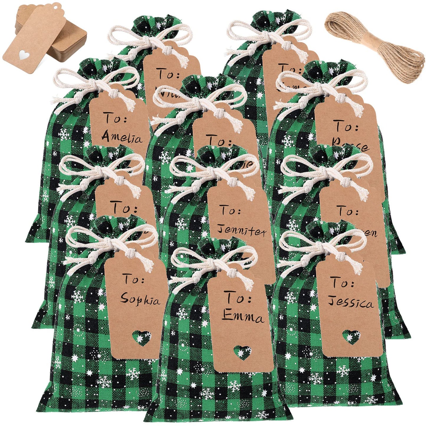 Shappy 48 Pcs Christmas Drawstring Bags Xmas Buffalo Plaid Burlap Candy Bags Linen Treat Sack Holiday Party Favor Christmas Sack Sachet with Cards and Rope(6 x 4 Inch,Black Green)