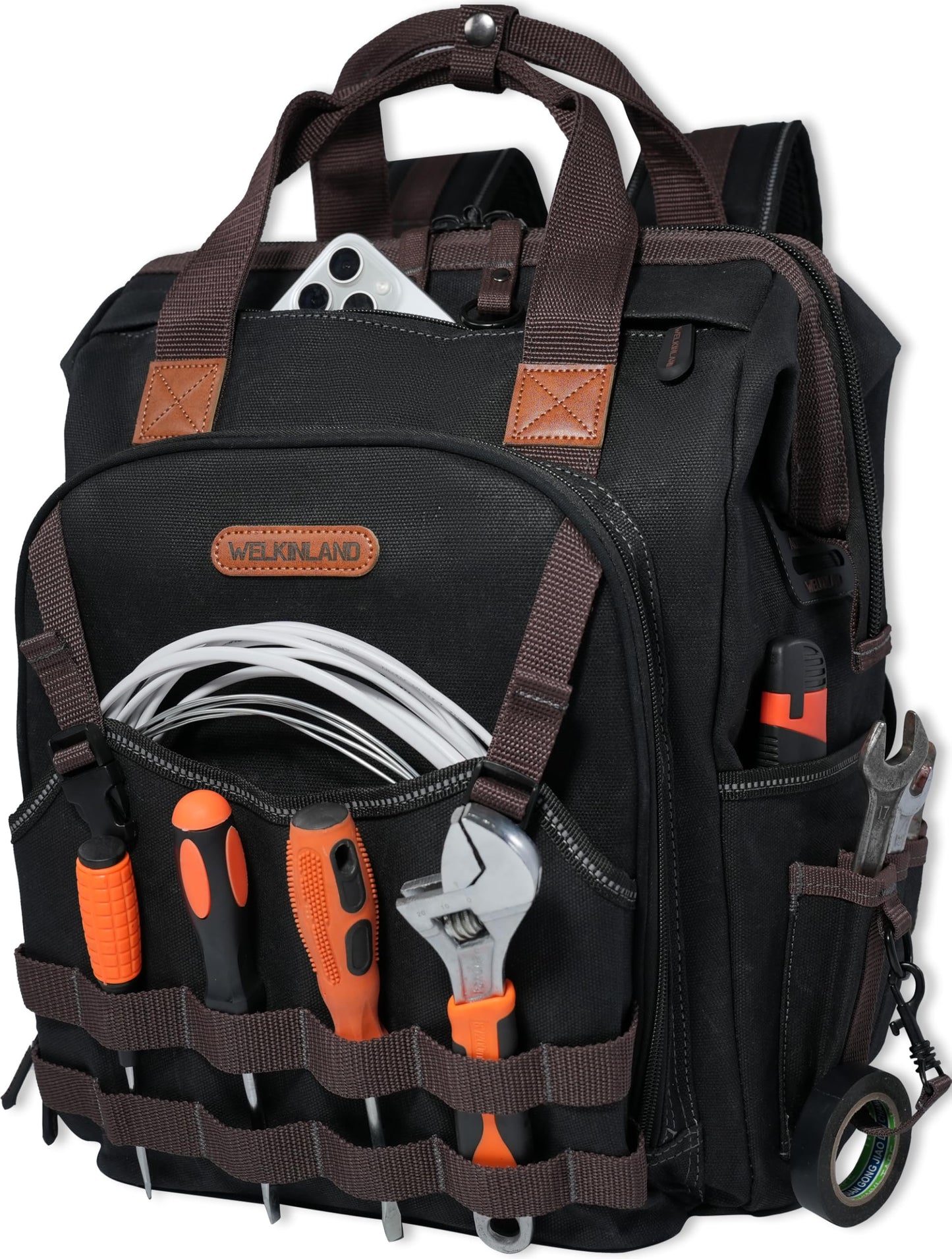 WELKINLAND 88-Pockets Waxed- Canvas HAVC Tool Backpack,Heavy-Duty electrician tools backpack,Open-Top technician tool bag backpackTool back pack for construction