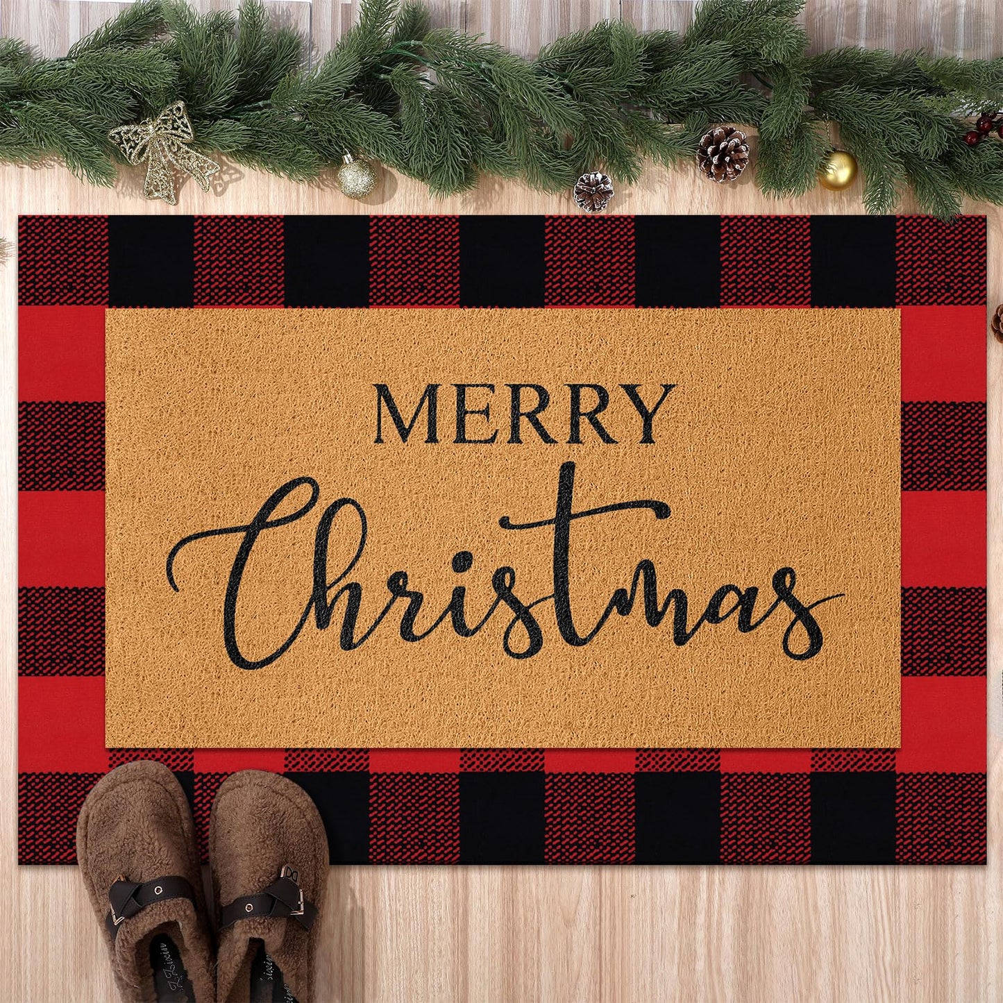 Duraaamo 2 Pcs Christmas Doormat Merry Christ Non Slip Outdoor Rug Xmas Welcome Layered Buffalo Floor Mats for Front Porch Entryway(Red Black,Plaid)