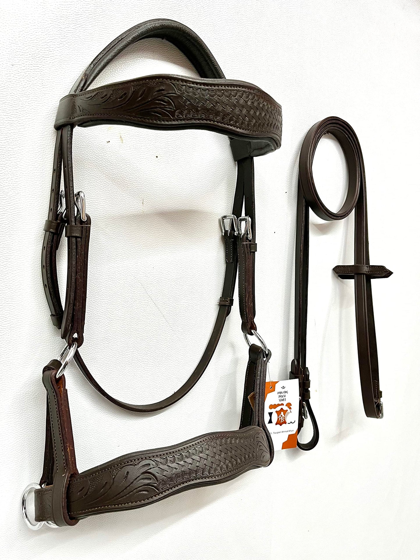 AMAZING HORSE STUFF Sidepull Bitless Bridle with Designer Hand Carving On Brow & Noseband Curved Shaped Brown (Full, Cob, Pony) (Pony)