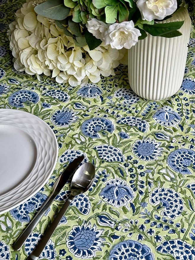 ATOSII Amara Green 100% Cotton Rectangle Fall Tablecloth, Handblock Floral Print Linen Table Cloth for Kitchen Dining I Parties, Weddings, Outdoors, Easter I Home Decor 60 X 90 Inches I 6 Seater