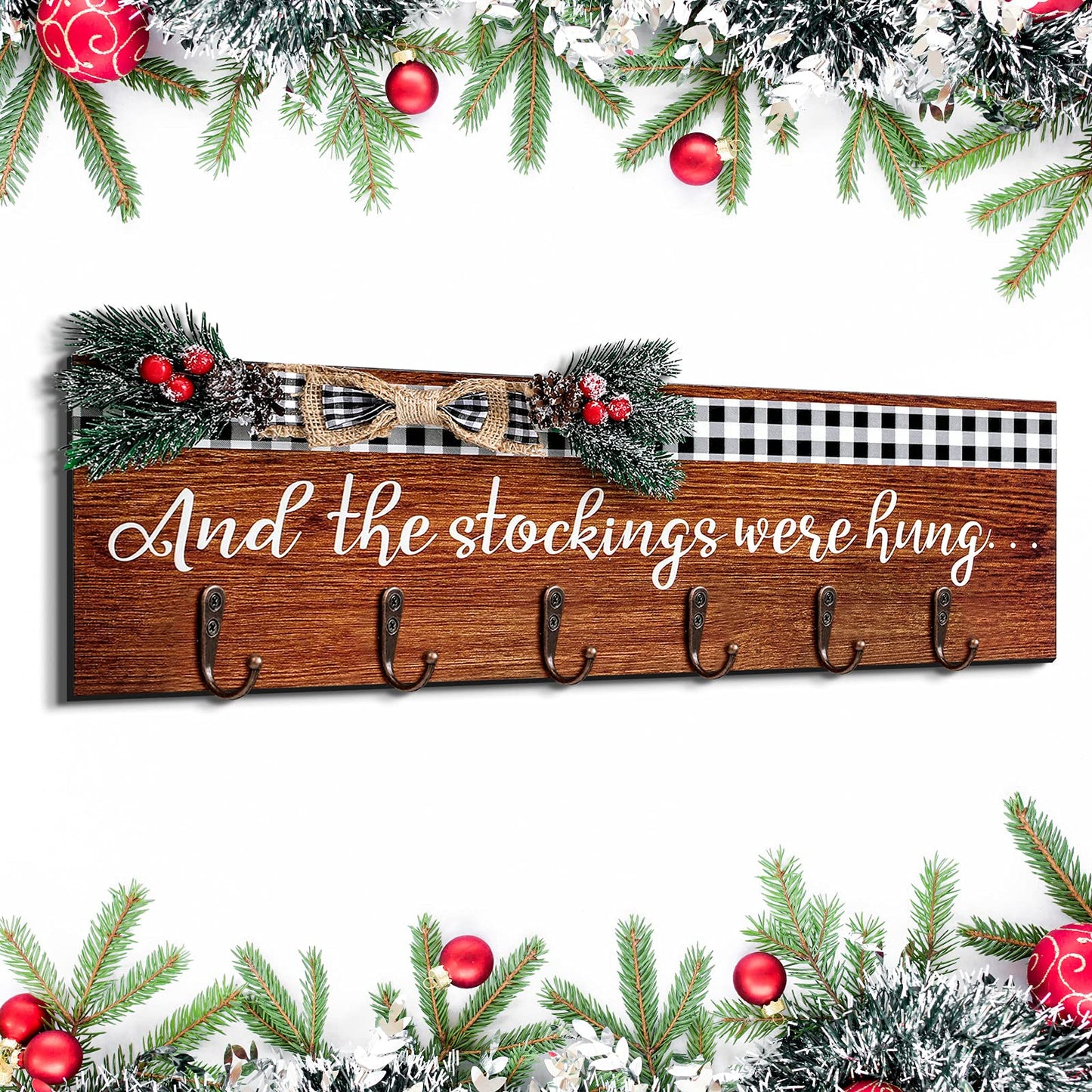 Christmas Stocking Holder with 6 Hangers The Stockings were Hung Wooden Sign Xmas Wall Hanging Sign Wall Mount Hook Holder Decorative Wood Stocking Hanger for Mantle(Retro Style)
