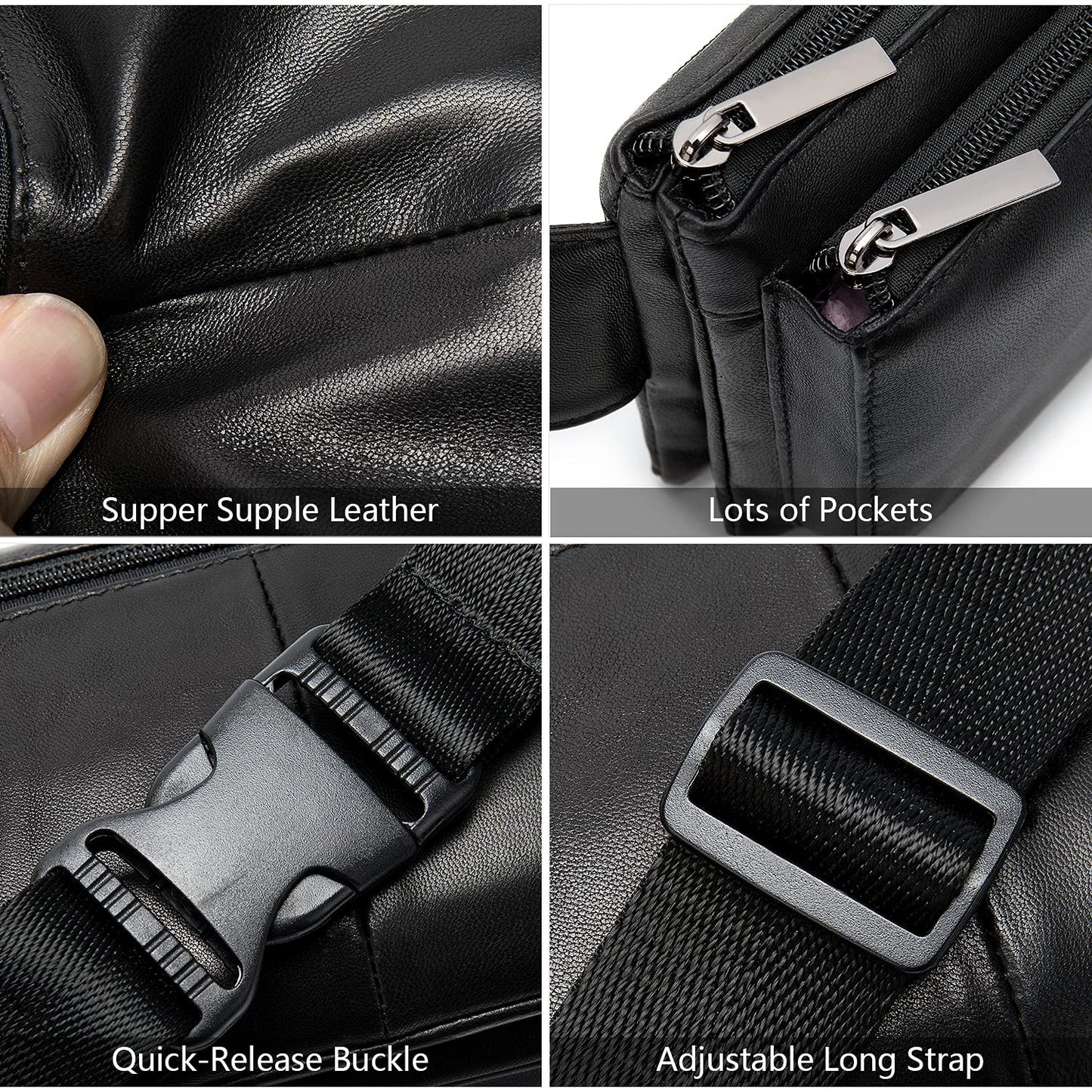 Niucunzh Small Leather Mens Fanny Packs for Women Lightweight Lambskin Leather Waist Bag Sport Men Crossbody Belt Purse Hip bags Hands-Free Bumbag Black