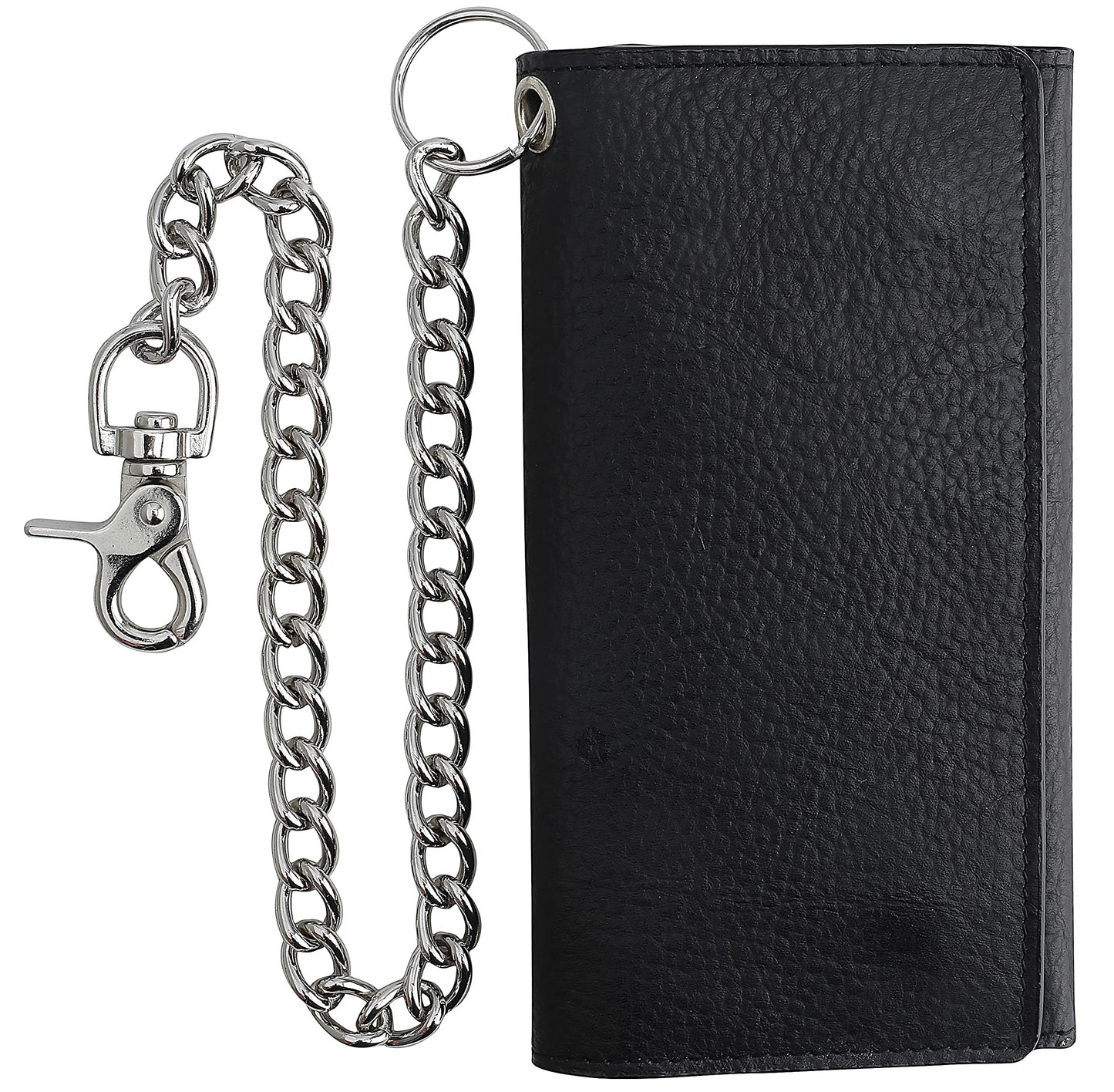 F&L CLASSIC RFID Blocking Mens Tri-fold Long Style Cowhide Leather Steel Chain Wallet,Black