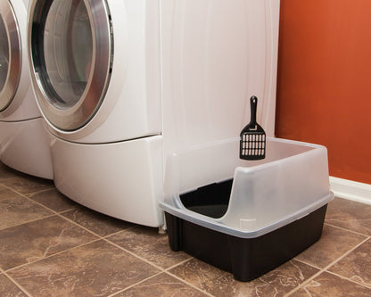 IRIS USA Large Open Top Cat Litter Box with High Sides, Scatter Shield & Scoop, Black - Easy Clean Plastic Litter Pan for Indoor Cats, Kittens or Multicat Homes