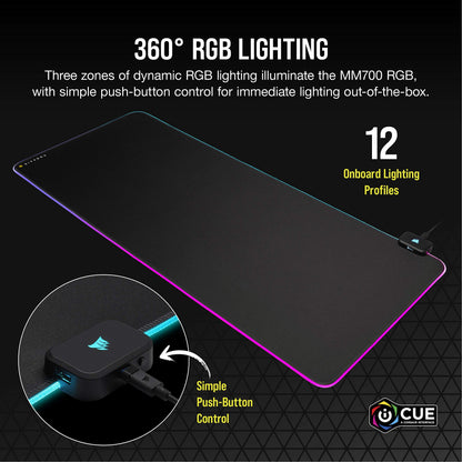 CORSAIR MM700 RGB Extended Cloth Gaming Mouse Pad - 36.6" x 15.8" - 360° RGB Lighting - Two USB Port Hub - Thick Rubber - Black