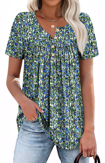 WIHOLL Plus Size Tops for Women Dressy Summer Outfits Button Down Shirts Short Sleeve Spring Clothes Graphic Tees Floral Blue 2XL
