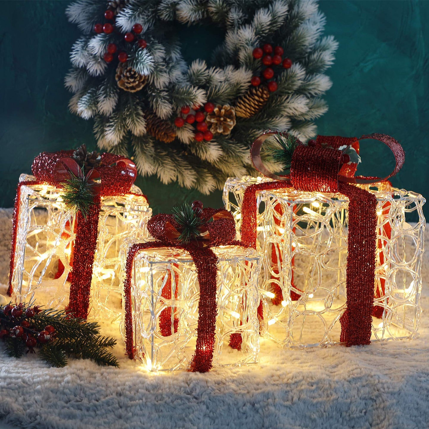 ATDAWN Set of 3 Lighted Gift Boxes Christmas Decorations, Clear Acrylic Present Boxes, Christmas Home Gift Box Decorations