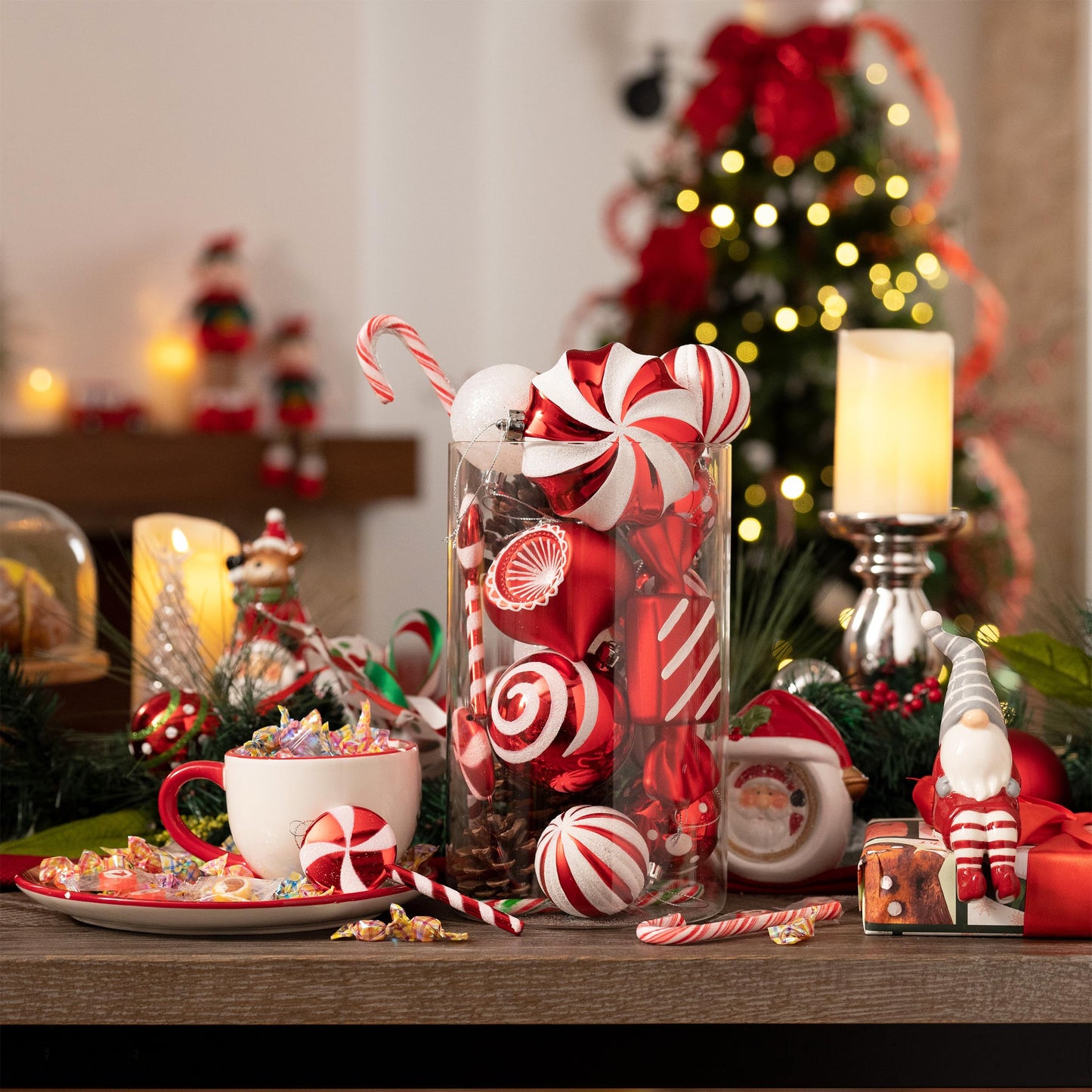 Valery Madelyn Christmas Ornaments Set, 108ct Candy Cane Red and White Shatterproof Christmas Tree Decorations Ball Ornaments Bulk, Hanging Ornaments for Xmas Trees Holiday Party Decor