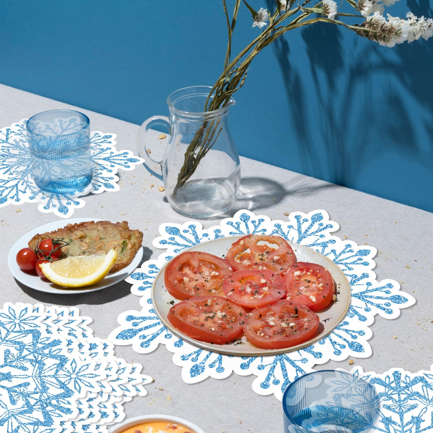 Snowflake Placemats Blue Paper Placemats Set, Disposable Winter Table Mat Snowflake Decorations for Christmas Winter Party Supplies Table Setting Kitchen Home Table Decor(24 Pack)