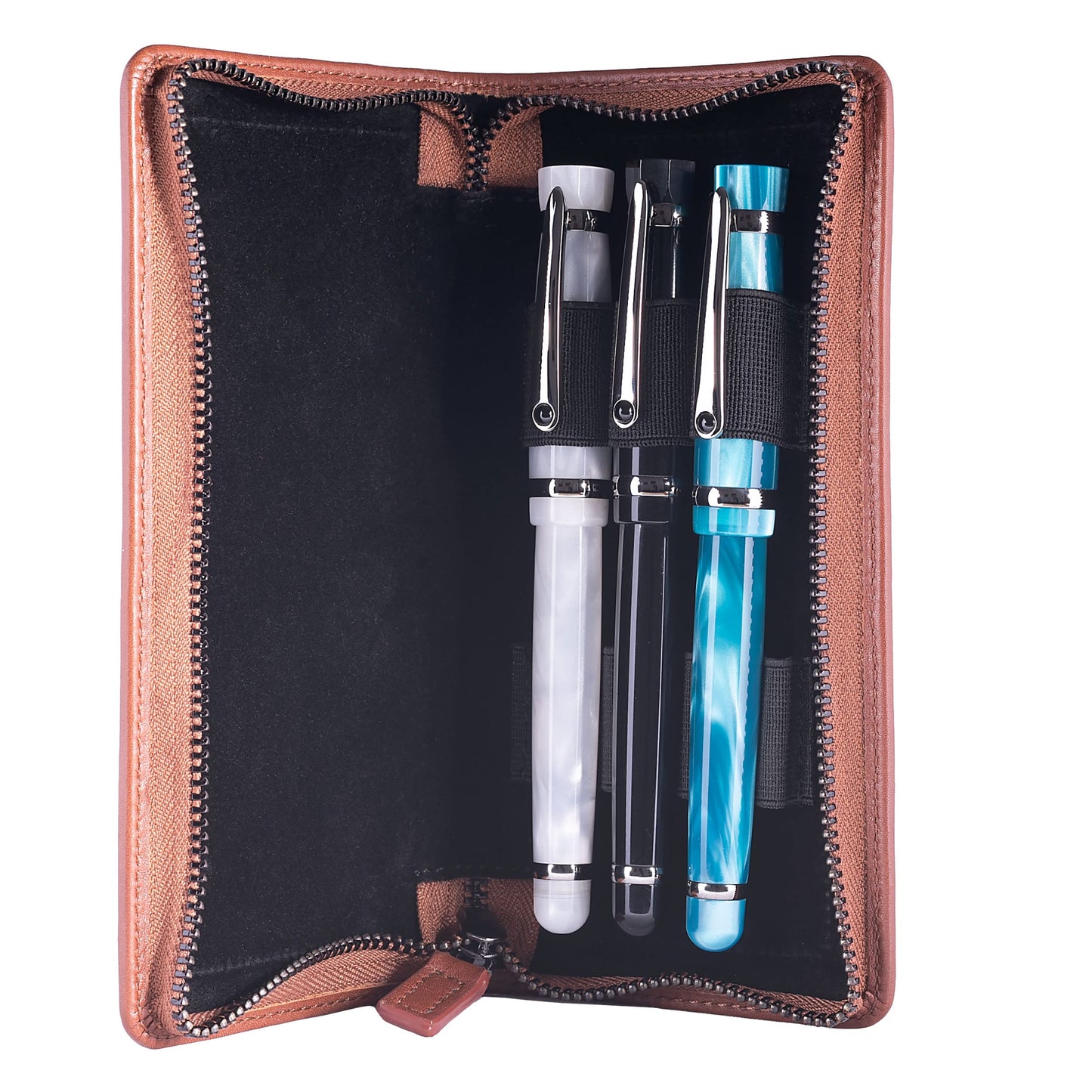 DiLoro Leather Zippered Triple or Quad Pen Case Pencil Pouch Holder for Three or Four Fountain Ballpoint Rollerball Pens or Glasses (Nappa Bugatti)