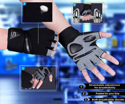 SAWANS Fitness Workout Gloves Gym Weight Lifting Gloves for Men Women Breathable Gymnasium Wrist Support Padded Deadlifts Exercise Training Pull Ups