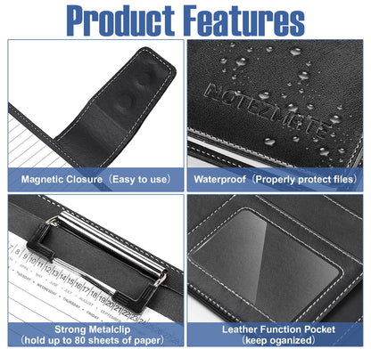 NOTEZMATE Padfolio Notepad Holder with Clipboard,A5 Faux Leather Padfolio Folder for Interview Resume,Magnetic Closure Legal Pad Folder with Business Holder,2 Pens & 5x8 Writing Pad for Office,Black