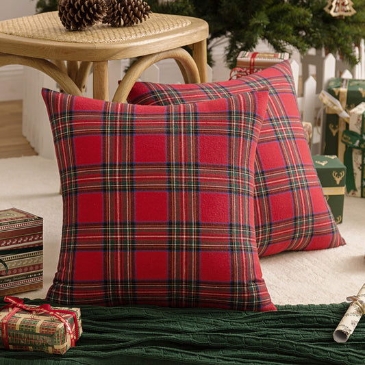 AQOTHES Pack of 2 Christmas Plaid Decorative Throw Pillow Covers Scottish Tartan Cushion Case for Farmhouse Home Holiday Decor Red and Green, 22 x 22 Inches