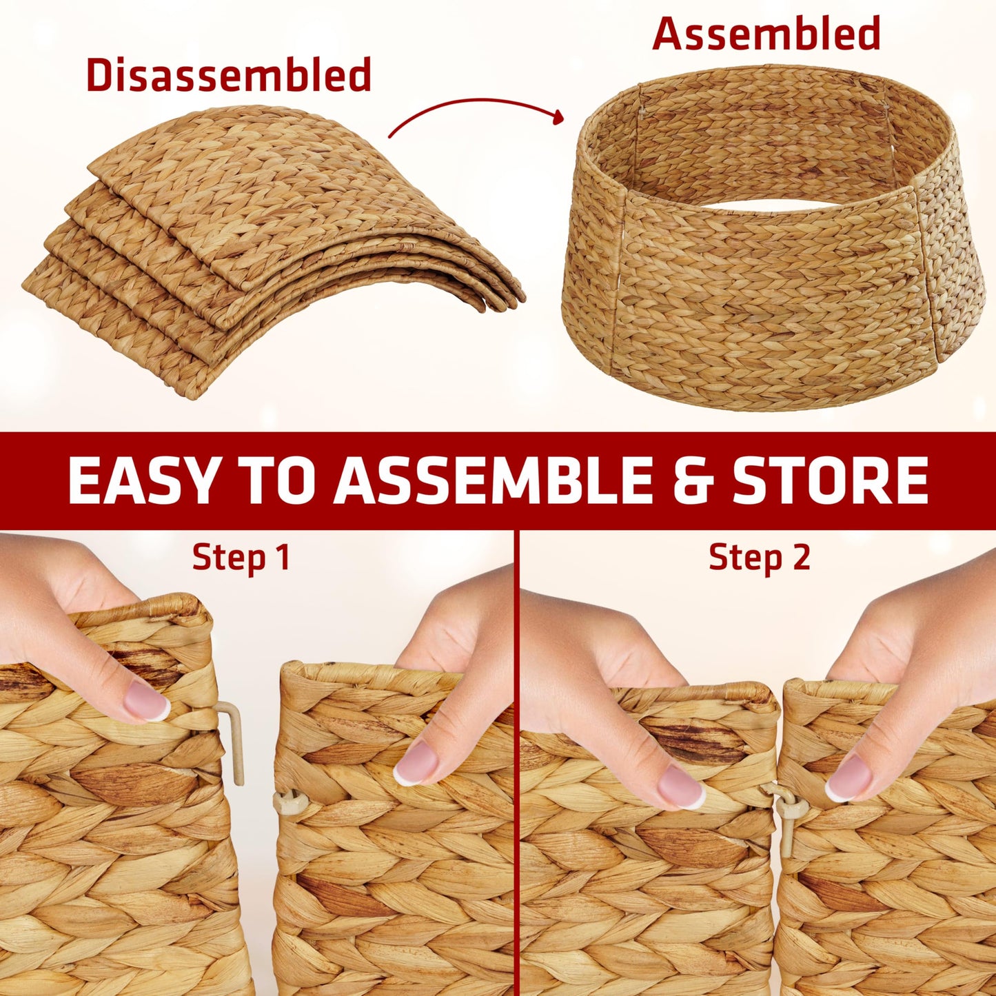 MIXUMON Handmade Water Hyacinth Christmas Tree Collar 24" – Rustic Basketweave Tree Base Cover, Eco-Friendly Skirt Alternative with Cord Cut-Out (Natural)