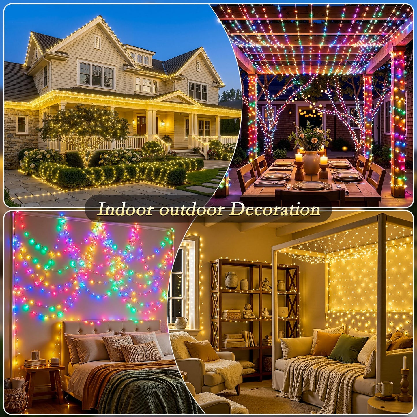 Soagrc 198FT 600 LED Outdoor String Lights Plug in IP67 Waterproof Twinkle Lights with Remote 11 Modes Dimmable Warm White and Multicolor Color Changing for Backyard Summer Wedding Party Christmas