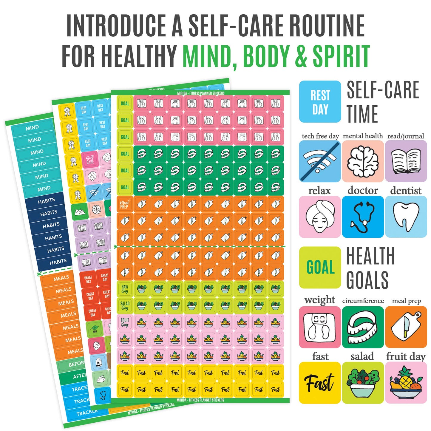 Mirida Planner Stickers - Fitness Pack of 2076 Mini Icons for Workout, Healthy Diet, Gym Exercise, and Habits - for Calendar and Journal