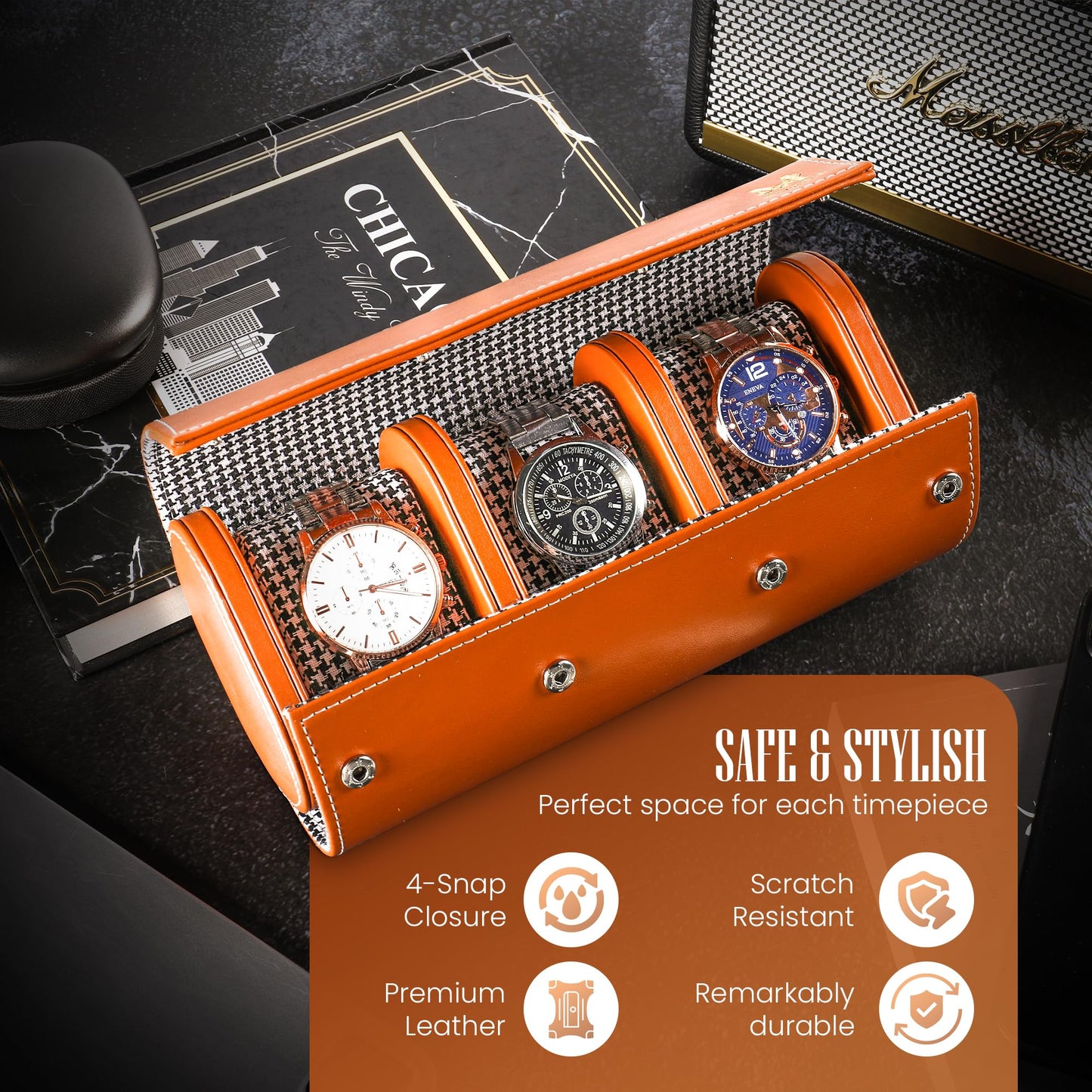 MALROLL Genuine Leather Watch Roll Travel Case & Watch Case for Men – 3 Watch Roll with Dividers & Removable Snap Pillows – Watch Case for Travel & Display