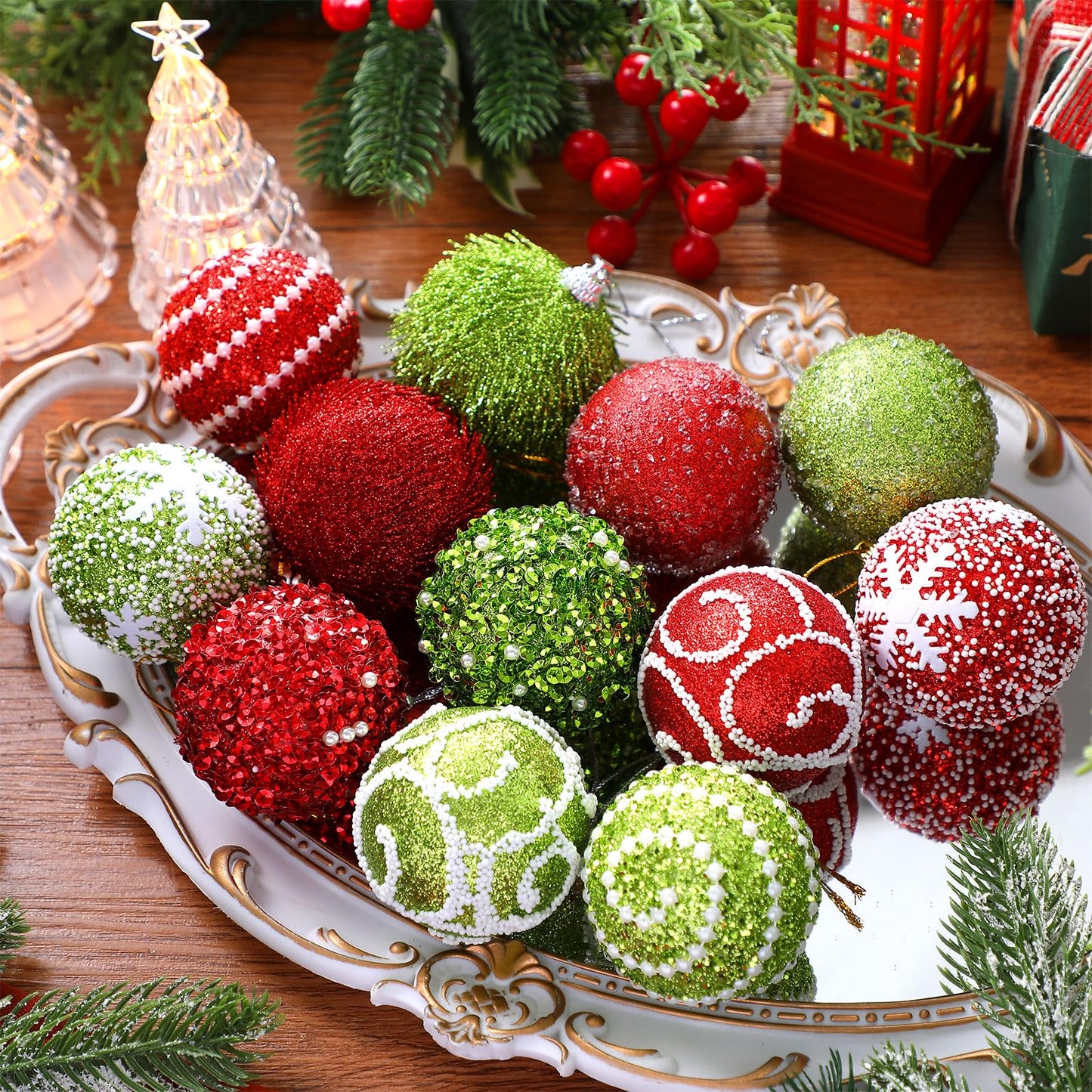 Syhood 12 Pcs 2.4 Inch Lime Green and Red Christmas Ball Ornament Set Shatterproof Xmas Ornament Glitter Foam Christmas Balls Decorative Hanging Ornaments Tree Decoration for Xmas Holiday