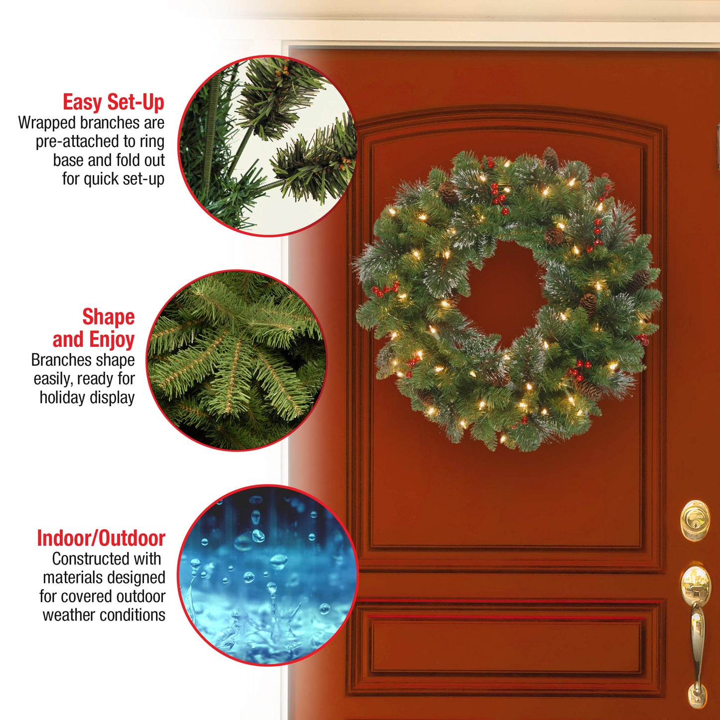 National Tree Company 24 in Pre-Lit Crestwood Spruce Artificial Christmas Wreath, Christmas Decoration with Glitter, Pinecones, Red Berries, 50 Clear Lights, 160 Tips, Green