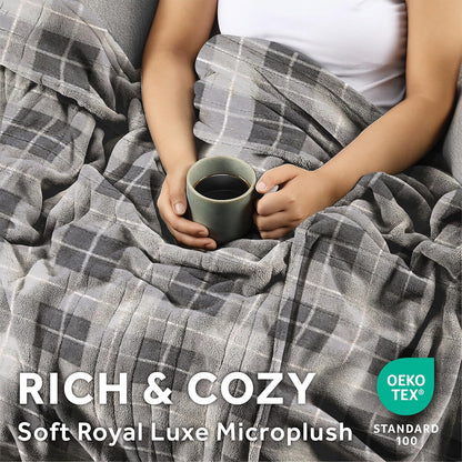 Sunbeam Electric Throw Royal Luxe Microplush Heated Blanket, 4 Heat Settings, 4-Hour Auto Shut-Off, Fast Heating, Warm and Cozy, Grey Rodeen Plaid, 50" x 60"