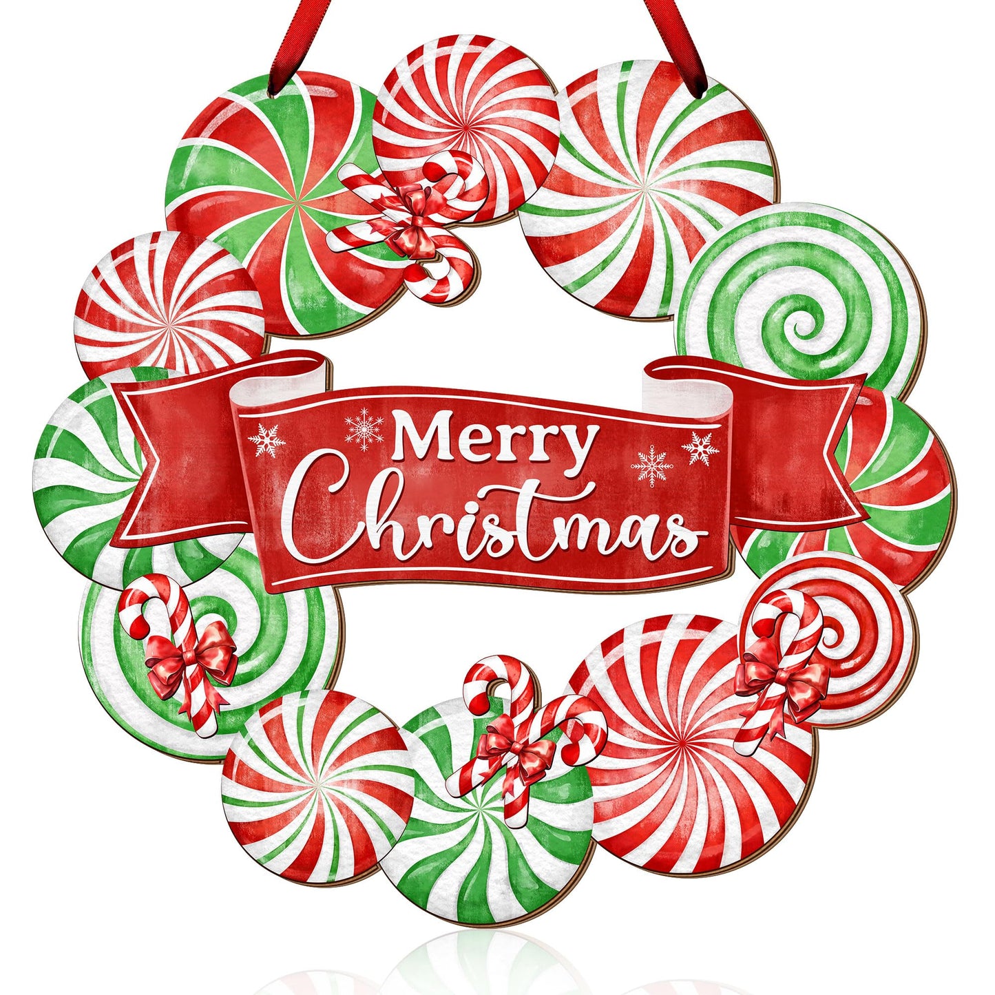 Peppermint Candy Front Door Decor - Merry Christmas Wreath Sign for Xmas Holiday Decorations - Wooden Rustic Door Hanger