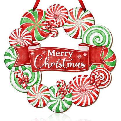 Peppermint Candy Front Door Decor - Merry Christmas Wreath Sign for Xmas Holiday Decorations - Wooden Rustic Door Hanger