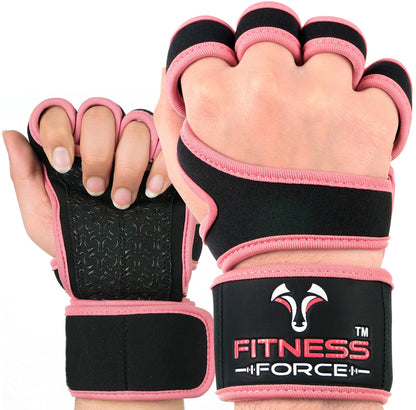 FITNESS FORCE Ventilated Weightlifting Gloves Workout Gloves for Men & Women with Built-in Wrist Wraps Fingerless Gym Gloves for Men Perfect for Exercise Fitness, Weight Lifting, Cross Training