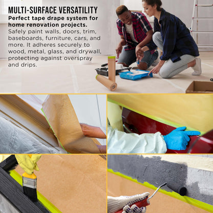 Dura-Gold Pre-Taped Masking Paper for Painting (18" x 50', 2 Rolls) - Tape and Drape Painters Paper, Protective Covering, Overspray Barrier for Home Renovation Projects, Walls Doors, Furniture, Cars