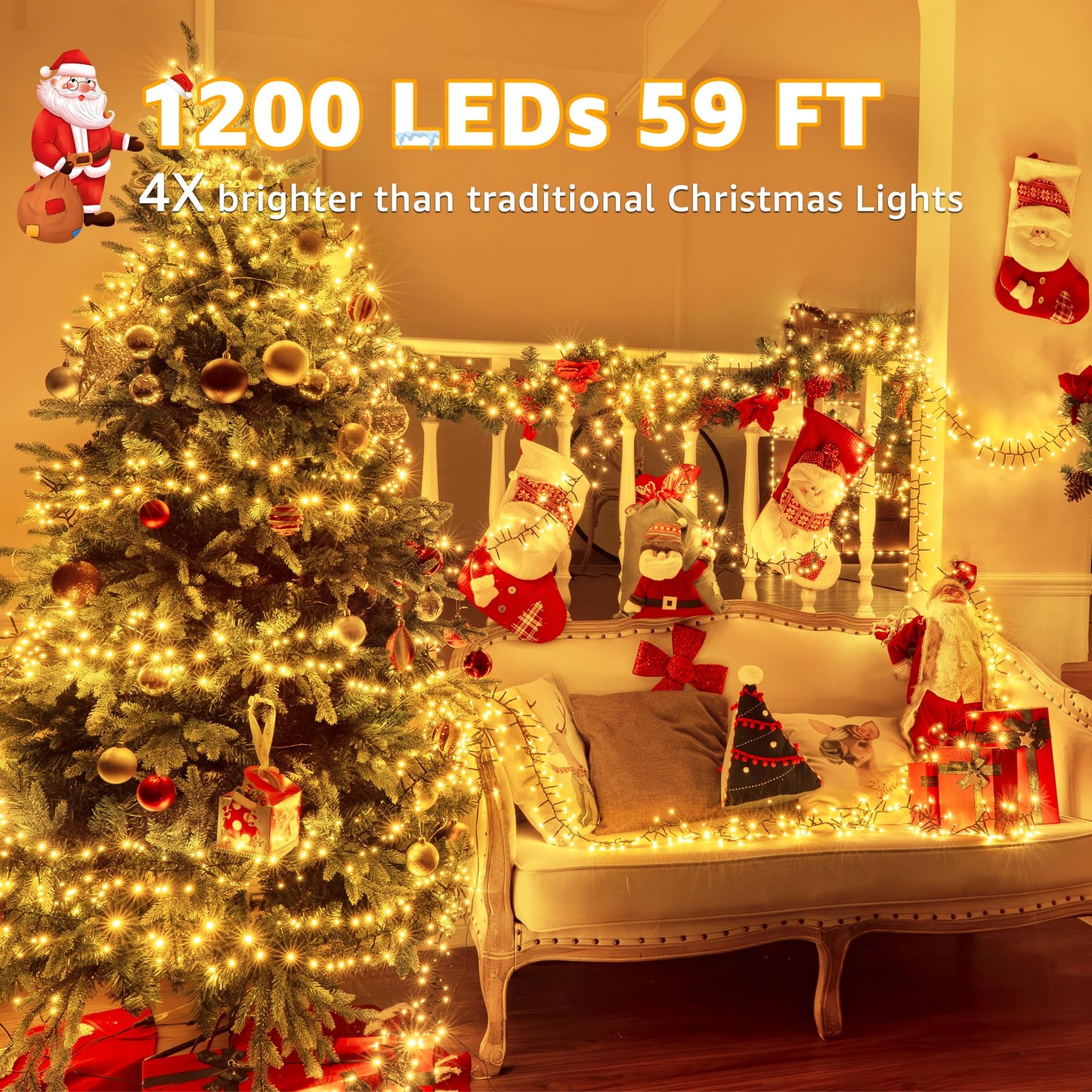 Ccinny 1200 LED 59 FT Cluster Lights, Warm White Christmas Tree Lights 8 Modes Timer Remote, Waterproof String Lights for Indoor Outside Garland Xmas Decorations