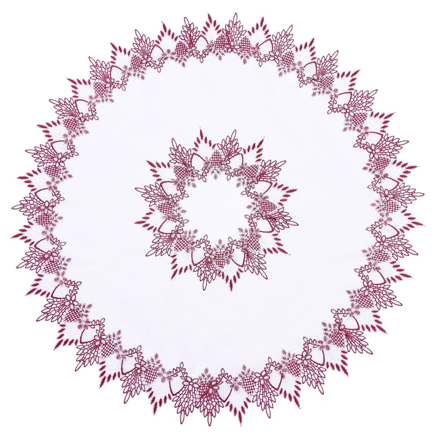 Raedan White Dark Red Linen Lace Doily 33 inches Round Coffee Table Topper Dresser Scarf Place Mats (Dark Red, 33” Round)