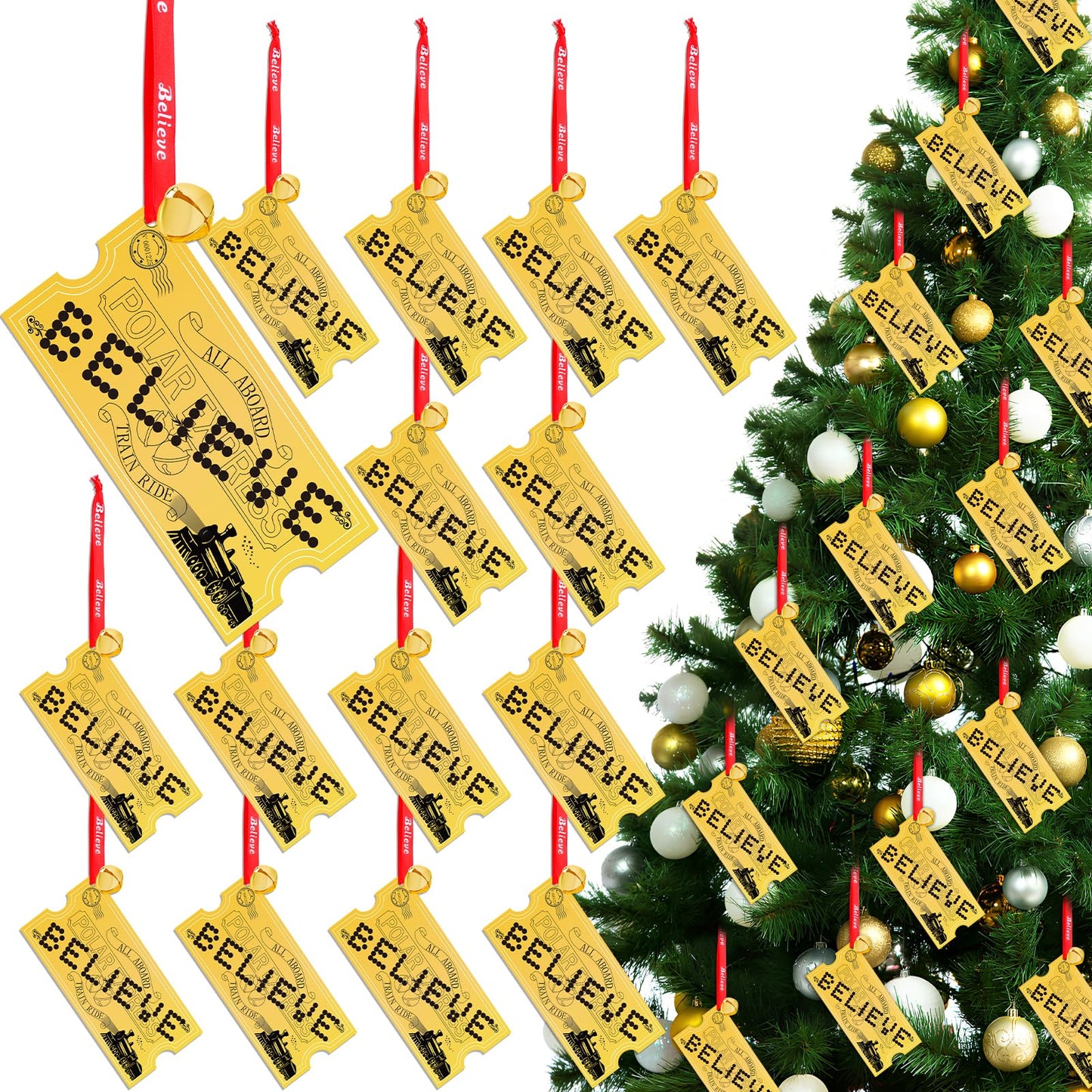 30 Pack Christmas Polar Golden Tickets Ornaments Bulk Polar Express Ticket Bell Set with Believe Bells Christmas Decorations for Polar Party Favors Xmas Gifts Holiday Decor