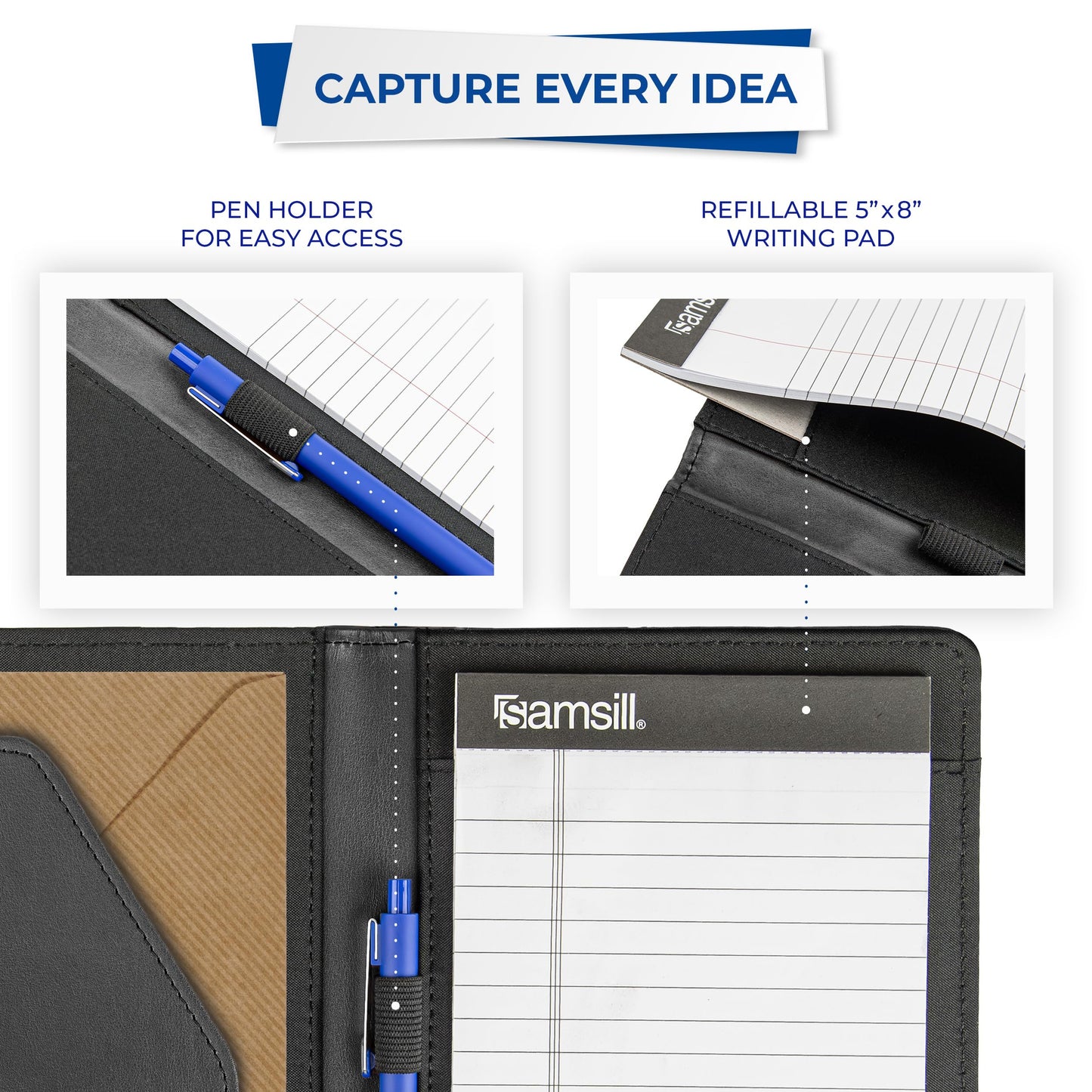 Samsill Contrast Stitch Faux-Leather Portfolio, Mini Size Business Interview Professional Padfolio, Includes 5 x 8 Inch Writing Pad, Black