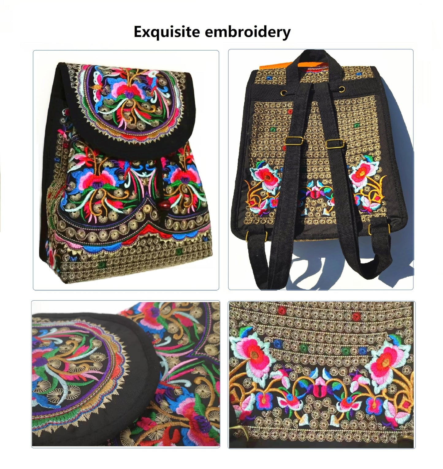 levayhill Women Vintage Embroidery Ethnic- Backpack- Flower Shoulder Bag Purse,Fashion Handbag Small Drawstring Casual Travel Daypack (Embroidered Backpack)
