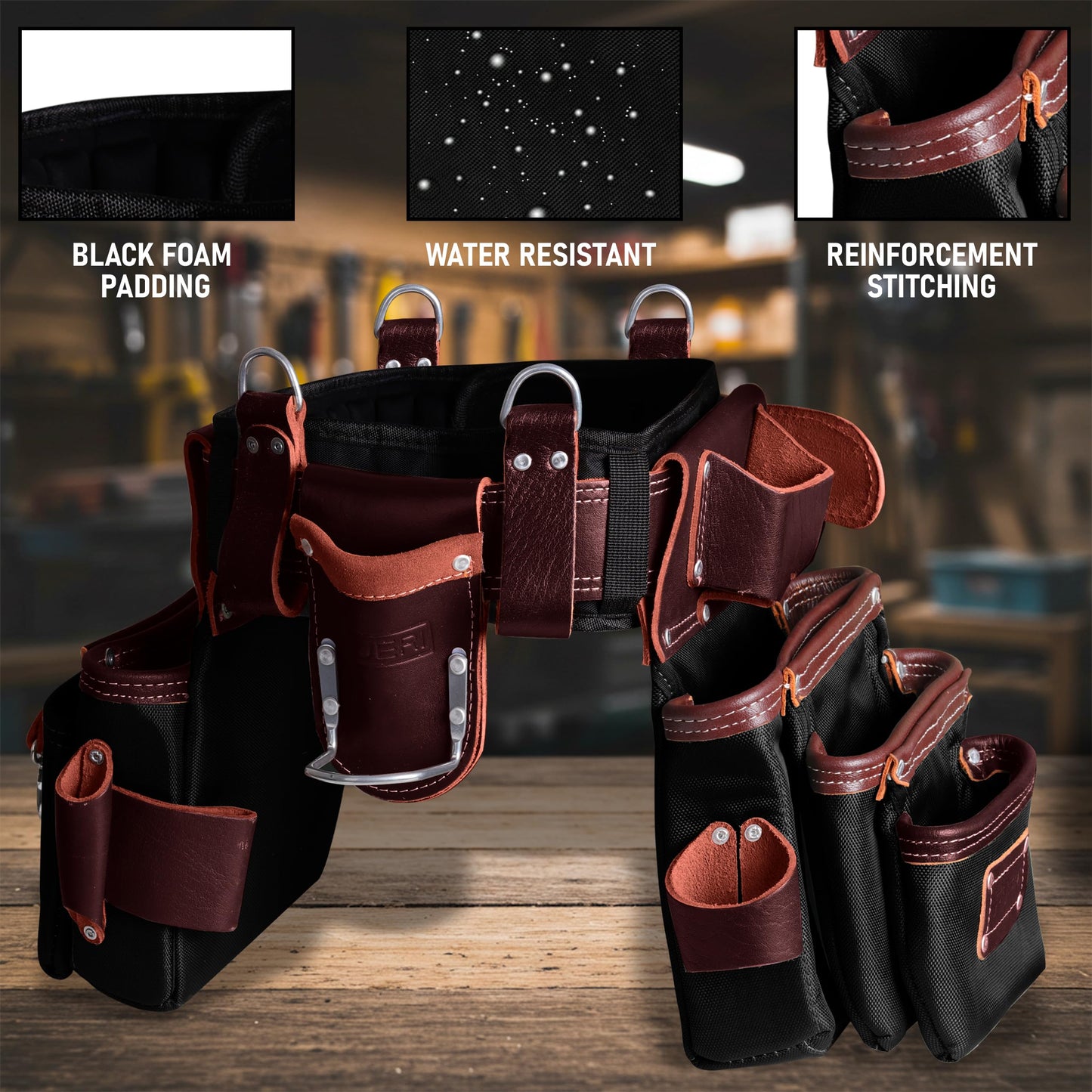 FUERI Electrician's Heavy Duty 26 Pocket Leather-Nylon Tool Belt & Suspender Combo, Comfort Back Support Padded Belt, 2 Large Storage Capacity Pouches, Best for Framers, Carpenter, Roofing