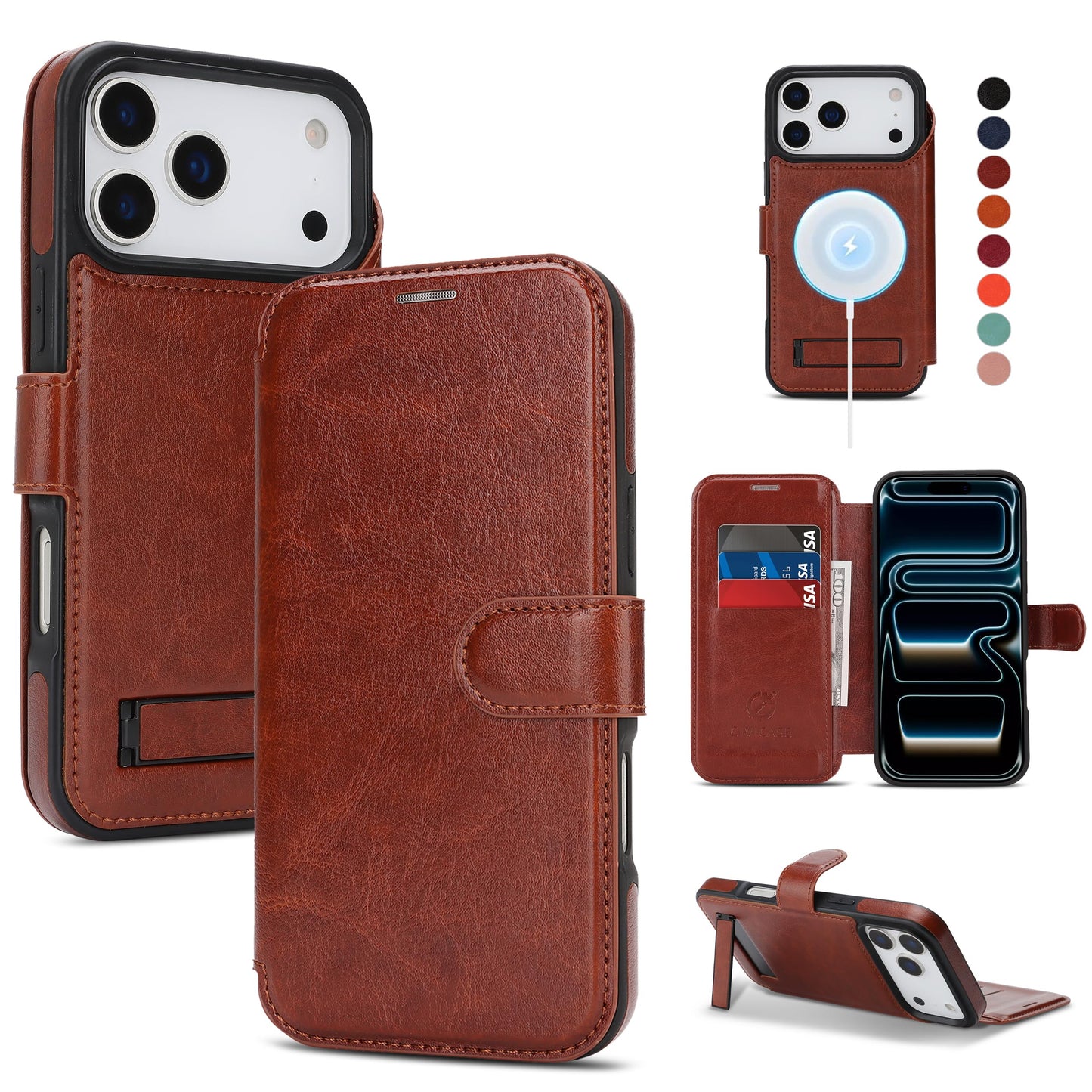 CIVICASE for iPhone 17 Pro Max Wallet Case with Stand,PU Leather Flip Credit Card Holder Slots (RFID Blocking),Compatible with Magsafe Magnetic Holder Phone Cover Women Men,Dark Brown