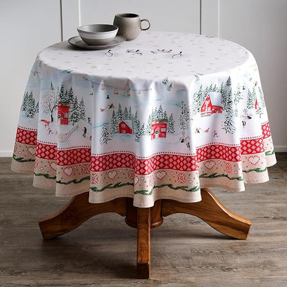 Maison d' Hermine Table Cloth Round Table 100% Cotton 69 Inches Fall Tablecloth Reusable Everyday Use for Thanksgiving Christmas Decorations Dining Farmhouse Party (Rural Christmas)