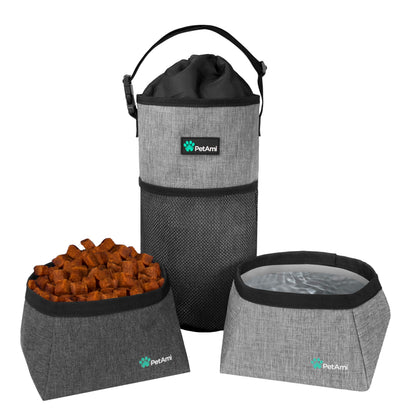 PetAmi Travel Dog Food Bag Pet Collapsible Dog Bowls Set, Dog Kibble Bag, Pet Food Water Bowls for Dogs Cats, Foldable Waterproof Dog Camping Bowls Cup Dish Accessories for Hiking, Heather Gray