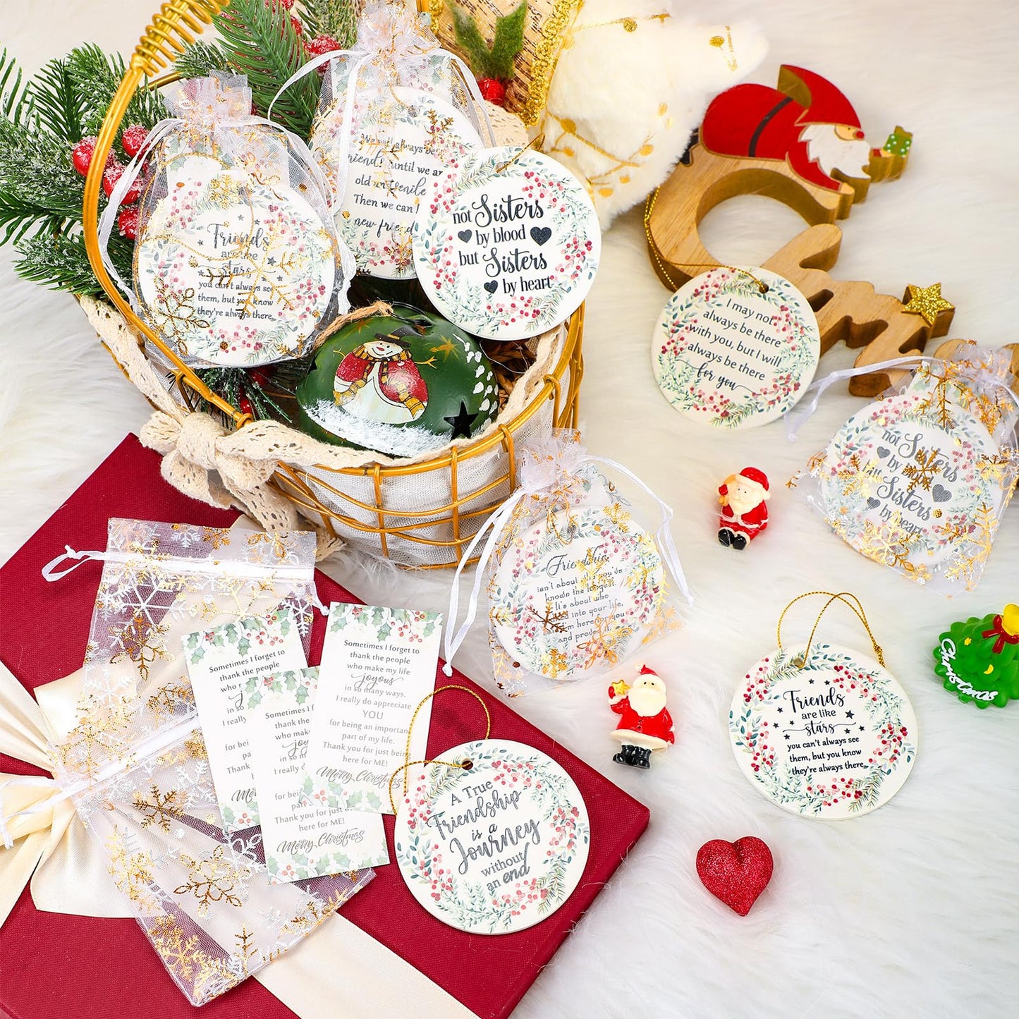 Suzile 16 Pcs Friendship Christmas Ornaments Ceramic Round Friends Ornaments Long Distance Sister Christmas Ornament Gift with Greeting Cards Organza Gift Bag for Christmas Tree (Berry)
