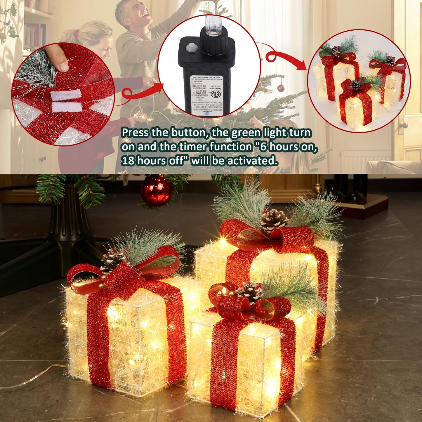 Teoytm Set of 3 Christmas Lighted Gift Boxes Decorations, Lighted Present Box for Christmas Under Tree Indoor Decoration