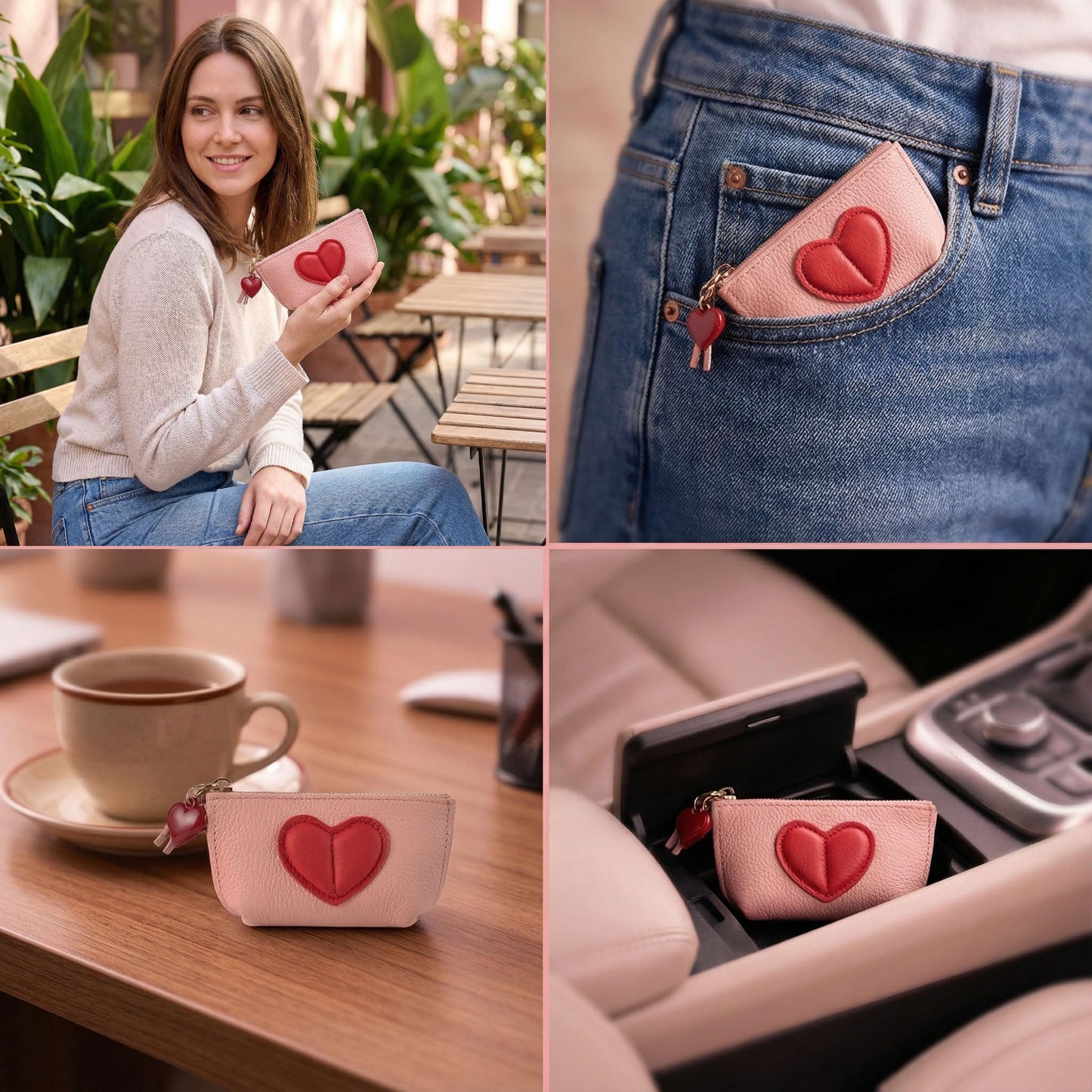 Red Heart Design Small Coin Purse - Cute Compact Keychain Change Purse Soft Leather Wallet with Zipper for Women (Pink)