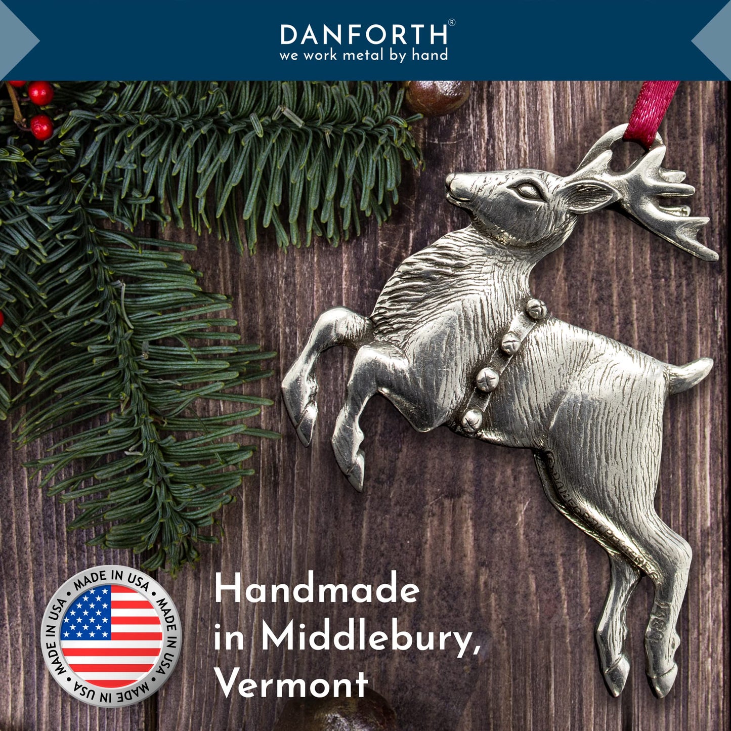 Danforth – Reindeer Christmas Ornament – Handcrafted Pewter Reindeer Ornaments for Christmas Tree – Made in USA