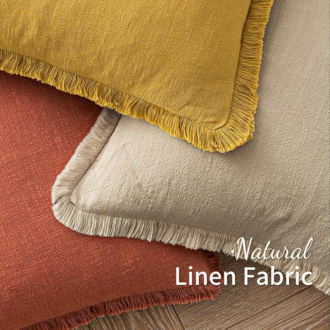 MIULEE Fall Decorative Throw Pillow Covers Neutral Linen Fringe Throw Pillows Set of 2 Burnt Orange Boho Farmhouse Cushion Covers with Tassels for Couch Sofa Bed Living Room Home Decor 16x16 Inch