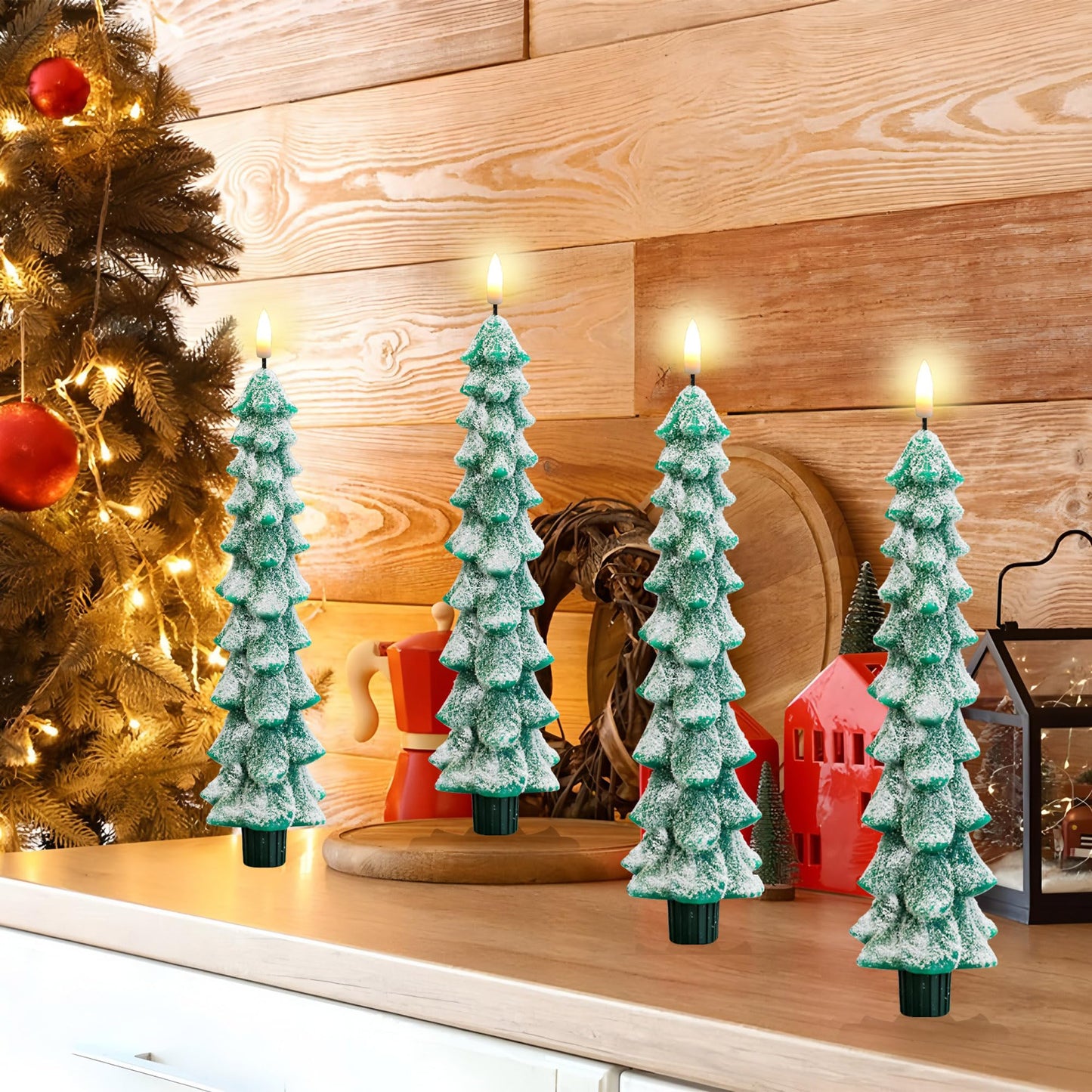 4 PCS Christmas Tree Candles with Remote Timer 10 Inch LED Flameless Taper Candles Wax Battery Operated Candlesticks Green Window Candle with 3D Wick Flickering for Xmas Holiday Gifts Party Home Decor