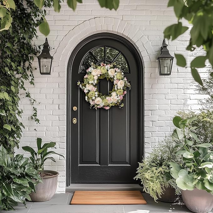 Peony Wreath 23" Floral Artificial Wreath for Front Door Wall Decor Home Décor Festival Celebration Wedding Party New Owners Seasonal Decoration Housewarming Gifts EZsenses (Green)